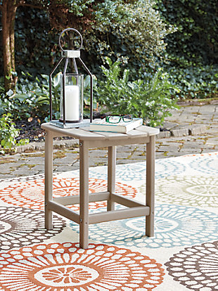 Add cottage-quaint charm to your outdoor oasis with the Sundown Treasure outdoor end table in grayish brown.  Made of MEGA TUFF™ high-density polyethylene material, it’s sure to weather the seasons beautifully. Designed to shed rainwater, the table’s slatted top with gently rounded corners provides exceptional form and function.Made of durable and sturdy HDPE high-density polyethylene grayish brown material | MEGA TUFF™ HDPE surfaces are made of high-density polyethylene, which gives the wood look you love and the weather resistance you crave | Stainless steel hardware | Designed to withstand the harsh elements of the outdoors | Slatted design | Assembly required | Estimated Assembly Time: 15 Minutes
