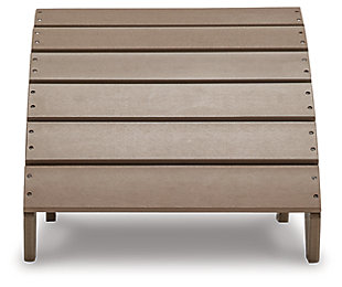 Add cottage-quaint charm to your outdoor oasis with the Sundown Treasure ottoman in grayish brown.  Made of MEGA TUFF™ high-density polyethylene material, it’s sure to weather the seasons beautifully. The ottoman's slatted styling with sloped shaping provides exceptional form and function.Made of durable and sturdy HDPE high-density polyethylene grayish brown material | MEGA TUFF™ HDPE surfaces are made of high-density polyethylene, which gives the wood look you love and the weather resistance you crave | Stainless steel hardware | Designed to withstand the harsh elements of the outdoors | Slatted design | No assembly required | Estimated Assembly Time: 15 Minutes