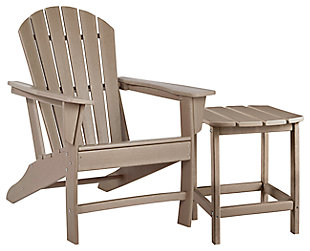 Add cottage-quaint charm to your outdoor oasis with the Sundown Treasure 2-piece outdoor set. Made of a hearty hard plastic material with a touch of texture and driftwood color, it’s sure to weather the seasons beautifully. Designed to shed rainwater, the chair and table’s slatted styling provides exceptional form and function.Includes 1 Adirondack chair and 1 end table | Chair and table made of virgin high-density polyethylene (hard plastic) material | Chair and table with brown/beige finish | Chair and table with textured grain finish | Chair and table slatted design | No assembly required | Estimated Assembly Time: 45 Minutes