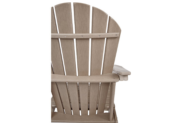 Add cottage-quaint charm to your outdoor oasis with this Sundown Treasure Adirondack chair in grayish brown.  Made of MEGA TUFF™ high-density polyethylene material, it’s sure to weather the seasons beautifully. Designed to shed rainwater, the chair’s slatted styling with shell back shaping provides exceptional form and function.Made of durable and sturdy HDPE high-density polyethylene grayish brown material | MEGA TUFF™ HDPE surfaces are made of high-density polyethylene, which gives the wood look you love and the weather resistance you crave | Stainless steel hardware | Designed to withstand the harsh elements of the outdoors | Slatted design | Assembly required | Estimated Assembly Time: 30 Minutes