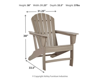 Add cottage-quaint charm to your outdoor oasis with the Sundown Treasure 3-piece outdoor set. Made of a hearty hard plastic material with a touch of texture and driftwood color, it’s sure to weather the seasons beautifully. Designed to shed rainwater, the chair and table’s slatted styling provides exceptional form and function.Includes 2 Adirondack chairs and 1 end table | Chair and table made of virgin high-density polyethylene (hard plastic) material | Chair and table with brown/beige finish | Chair and table with textured grain finish | Chair and table slatted design | No assembly required | Estimated Assembly Time: 75 Minutes