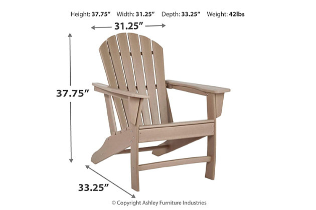 Add cottage-quaint charm to your outdoor oasis with the Sundown Treasure 3-piece outdoor set. Made of a hearty hard plastic material with a touch of texture and driftwood color, it’s sure to weather the seasons beautifully. Designed to shed rainwater, the chair and table’s slatted styling provides exceptional form and function.Includes 2 Adirondack chairs and 1 end table | Chair and table made of virgin high-density polyethylene (hard plastic) material | Chair and table with brown/beige finish | Chair and table with textured grain finish | Chair and table slatted design | No assembly required | Estimated Assembly Time: 75 Minutes