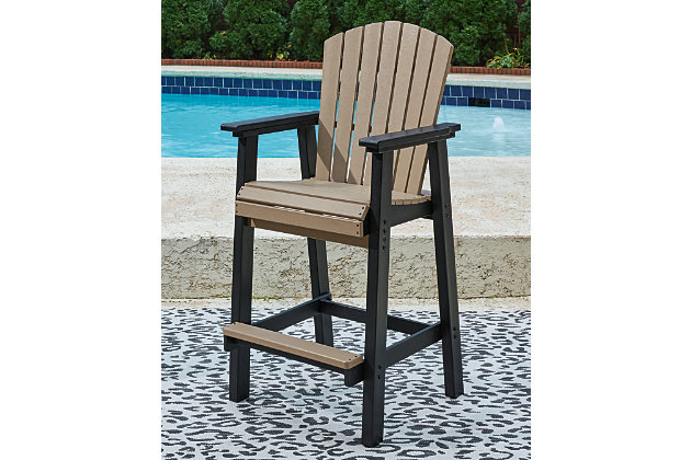 Raise the bar on outdoor living with the Fairen round bar table and bar stool set. Crafted for style, comfort and durability, the set impresses with a standout two-tone finish that pairs a light driftwood-look and black finish for twice the interest. Round table design keeps everyone in the flow of conversation, while the stools cater with sturdy armrests, an ample footrest, high shell back and waterfall wrapped seat for curvaceous comfort.Includes rounded bar table and set of 4 bar stools | Table and stool made of durable and sturdy HDPE material | Table and stool designed to withstand the harsh elements of the outdoors | Table and stool with two-tone driftwood-look/black finish | Table with umbrella hole (with cover cap for when not in use) | Assembly required | Estimated Assembly Time: 120 Minutes