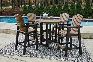 Raise the bar on outdoor living with the Fairen round bar table and bar stool set. Crafted for style, comfort and durability, the set impresses with a standout two-tone finish that pairs a light driftwood-look and black finish for twice the interest. Round table design keeps everyone in the flow of conversation, while the stools cater with sturdy armrests, an ample footrest, high shell back and waterfall wrapped seat for curvaceous comfort.Includes rounded bar table and set of 4 bar stools | Table and stool made of durable and sturdy HDPE material | Table and stool designed to withstand the harsh elements of the outdoors | Table and stool with two-tone driftwood-look/black finish | Table with umbrella hole (with cover cap for when not in use) | Assembly required | Estimated Assembly Time: 120 Minutes