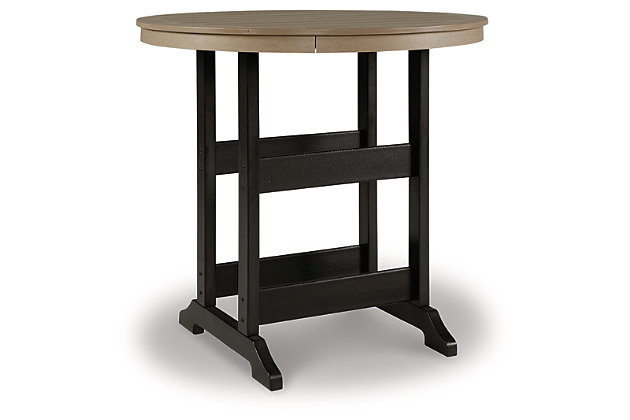 Raise the bar on outdoor living with the Fairen Trail 46" round bar table with umbrella hole. Crafted for style, comfort and durability, this outdoor entertainment table caters with a standout two-tone finish that pairs a light driftwood-look and black finish for twice the interest. Round table design keeps everyone in the flow of conversation.  Made of durable and sturdy HDPE material | Designed to withstand the harsh elements of the outdoors | Two-tone driftwood-look/black finish | Umbrella hole (with cover cap for when not in use) | Bar stools available, sold separately | Assembly required | Estimated Assembly Time: 30 Minutes