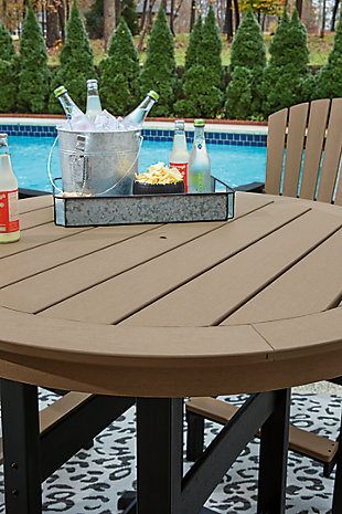 Raise the bar on outdoor living with the Fairen round bar table and bar stool set. Crafted for style, comfort and durability, the set impresses with a standout two-tone finish that pairs a light driftwood-look and black finish for twice the interest. Round table design keeps everyone in the flow of conversation, while the stools cater with sturdy armrests, an ample footrest, high shell back and waterfall wrapped seat for curvaceous comfort.Includes rounded bar table and set of 2 bar stools | Table and stool made of durable and sturdy HDPE material | Table and stool designed to withstand the harsh elements of the outdoors | Table and stool with two-tone driftwood-look/black finish | Table with umbrella hole (with cover cap for when not in use) | Assembly required | Estimated Assembly Time: 75 Minutes