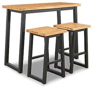 Bring an uptown feel to an outdoor space with the Town Wood outdoor furniture set. An especially smart choice for small spaces, this ultra-cool counter height outdoor table and bar stool set a new standard in outdoor living. The tabletop and seats are richly crafted of acacia wood with wonderful tonal variation. Tubular steel legs are sleek, sturdy and slightly canted for an interesting angled effect.Includes counter height table and 2 counter height bar stools | Tabletop and seats made of acacia wood with slatted styling | Stainless steel hardware | Steel legs and table base in powder coated black finish | Assembly required | Estimated Assembly Time: 45 Minutes