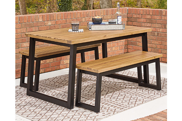 Town Wood Outdoor 3 Piece Dining Set, Wooden Bench Outdoor Dining Table