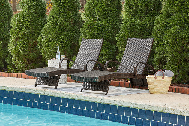The Kantana chaise lounge set is proof positive that outdoor furniture can be every bit as beautiful as it is durable. Dressed to impress with its sleek lines and flowing curves, this sturdy outdoor chaise lounge is quality crafted of resin wicker over heavy-duty steel in a powder coated finish for all-weather protection. And with multiple recline positions, it invites you to kick back and truly make yourself comfortable.Set of 2 | All-weather resin wicker over heavy-duty steel frame with powder coated finish | Curved armrests | Chaise lounge with multiple recline positions | Assembly required | Estimated Assembly Time: 15 Minutes