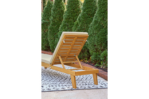 Strike a high-style pose with the Byron Bay outdoor chaise lounge with cushion. Inspired by urban organic design, this quality crafted outdoor lounge chair is made for looks and longevity with a sturdy eucalyptus wood frame with slatted styling. Rest assured, this chaise lounge with multiple recline positions comes complete with a comfy, all-weather cushion wrapped in Nuvella® fabric that’s a breeze to clean.Made of eucalyptus wood | Cushion covered in solution-dyed Nuvella® (polyester) high-performance fabric | All-weather foam cushion core wrapped in soft polyester | Clean fabric with mild soap and water, let air dry; for stubborn stains, use a solution of 1 cup bleach to 1 gallon water | Imported fabric and fill | Chaise lounge with multiple recline positions | Lays flat for sunbathing on either side | Assembly required | Estimated Assembly Time: 15 Minutes
