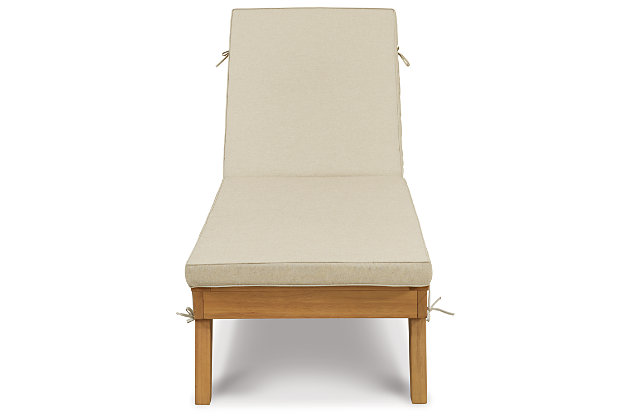 Strike a high-style pose with the Byron Bay outdoor chaise lounge with cushion. Inspired by urban organic design, this quality crafted outdoor lounge chair is made for looks and longevity with a sturdy eucalyptus wood frame with slatted styling. Rest assured, this chaise lounge with multiple recline positions comes complete with a comfy, all-weather cushion wrapped in Nuvella® fabric that’s a breeze to clean.Made of eucalyptus wood | Cushion covered in solution-dyed Nuvella® (polyester) high-performance fabric | All-weather foam cushion core wrapped in soft polyester | Clean fabric with mild soap and water, let air dry; for stubborn stains, use a solution of 1 cup bleach to 1 gallon water | Imported fabric and fill | Chaise lounge with multiple recline positions | Lays flat for sunbathing on either side | Assembly required | Estimated Assembly Time: 15 Minutes