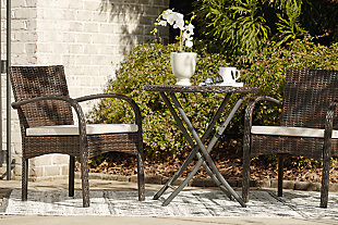 The Anchor Lane bistro set is just what you need to get an outdoor space in shipshape. A natural fit on front porches, back patios, balconies and beyond, this trendy trio is quality made with woven resin over a powder coated steel frame for exceptional durability. All-weather cushions are covered in Nuvella® fabric that’s a breeze to clean. The fact that the tabletop folds down for storage makes this outdoor set that much more appealing.3-piece outdoor furniture set includes table and 2 chairs with cushions | All-weather resin wicker over heavy-duty steel frame with powder coated finish | Foldable table for easy storage | Seat cushions covered in solution-dyed Nuvella® (polyester) high-performance fabric | All-weather foam cushion core wrapped in soft polyester | Clean fabric with mild soap and water, let air dry; for stubborn stains, use a solution of 1 cup bleach to 1 gallon water | Imported fabric and fill | Assembly required | Estimated Assembly Time: 45 Minutes