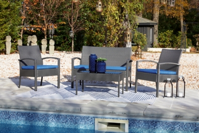Alina Outdoor Love/Chairs/Table Set (Set of 4), Gray/Blue