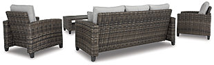 Make comfort and luxury a part of outdoor living with the Cloverbrooke 4-piece outdoor furniture set. Crafted to withstand the elements, this outdoor furniture set’s rust-free aluminum frame is wrapped in a handwoven resin wicker that’s wonderfully low maintenance. High-design touches include curved track arms and gorgeous gray cushions covered in all-weather Nuvella® fabric. Wide-striped throw pillows add a crisp, clean, nautical touch.Includes sofa, 2 chairs and coffee table | All-weather resin wicker handwoven over rust-free aluminum frame | Aluminum tabletop | Zippered cushions covered in high-performing Nuvella® fabric | All-weather foam cushion core wrapped in soft polyester | Imported fabric and fill | Includes 2 throw pillows | Clean fabric with mild soap and water, let air dry; for stubborn stains, use a solution of 1 cup bleach to 1 gallon water | Assembly required | Estimated Assembly Time: 120 Minutes