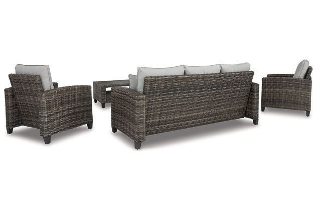 Make comfort and luxury a part of outdoor living with the Cloverbrooke 4-piece outdoor furniture set. Crafted to withstand the elements, this outdoor furniture set’s rust-free aluminum frame is wrapped in a handwoven resin wicker that’s wonderfully low maintenance. High-design touches include curved track arms and gorgeous gray cushions covered in all-weather Nuvella® fabric. Wide-striped throw pillows add a crisp, clean, nautical touch.Includes sofa, 2 chairs and coffee table | All-weather resin wicker handwoven over rust-free aluminum frame | Aluminum tabletop | Zippered cushions covered in high-performing Nuvella® fabric | All-weather foam cushion core wrapped in soft polyester | Imported fabric and fill | Includes 2 throw pillows | Clean fabric with mild soap and water, let air dry; for stubborn stains, use a solution of 1 cup bleach to 1 gallon water | Assembly required | Estimated Assembly Time: 60 Minutes