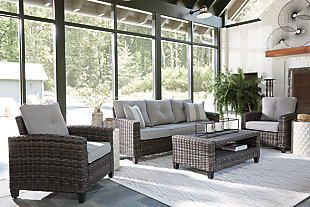 Make comfort and luxury a part of outdoor living with the Cloverbrooke 4-piece outdoor furniture set. Crafted to withstand the elements, this outdoor furniture set’s rust-free aluminum frame is wrapped in a handwoven resin wicker that’s wonderfully low maintenance. High-design touches include curved track arms and gorgeous gray cushions covered in all-weather Nuvella® fabric. Wide-striped throw pillows add a crisp, clean, nautical touch.Includes sofa, 2 chairs and coffee table | All-weather resin wicker handwoven over rust-free aluminum frame | Aluminum tabletop | Zippered cushions covered in high-performing Nuvella® fabric | All-weather foam cushion core wrapped in soft polyester | Imported fabric and fill | Includes 2 throw pillows | Clean fabric with mild soap and water, let air dry; for stubborn stains, use a solution of 1 cup bleach to 1 gallon water | Assembly required | Estimated Assembly Time: 60 Minutes