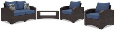 Windglow Outdoor Loveseat and 2 Chairs with Coffee Table, Blue/Brown