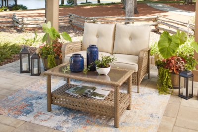 P345-035 Braylee Outdoor Loveseat with Table, Driftwood sku P345-035