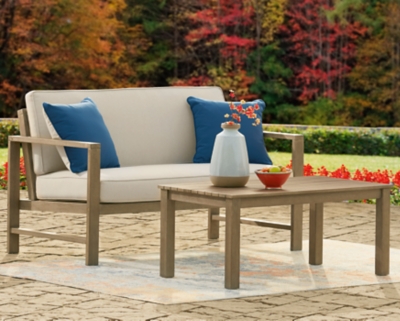 Fynnegan Outdoor Loveseat with Coffee Table, Light Brown