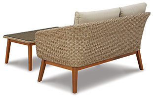 Turn your outdoor space into a high-style hideaway with the Crystal Cave 2-piece outdoor loveseat and table set. Clearly for those with an eye for fine design, this sleek, chic outdoor furniture set is quality made to withstand the elements. What looks like traditional wicker is the next best thing: resin wicker woven over rust-proof aluminum for exceptional durability and worry-free living. Acacia wood legs, a tempered glass tabletop and easy-breezy Nuvella®/olefin wrapped cushions enhance its appeal. 2-piece outdoor furniture set includes loveseat and coffee table | Made of resin wicker woven over aluminum frames | Table with tempered glass top | Acacia wood legs | Cushions covered in solution-dyed Nuvella® (olefin) high-performance fabric | All-weather foam cushion core wrapped in soft polyester | Clean fabric with mild soap and water, let air dry; for stubborn stains, use a solution of 1 cup bleach to 1 gallon water | Imported fabric and fill | Assembly required | Estimated Assembly Time: 30 Minutes