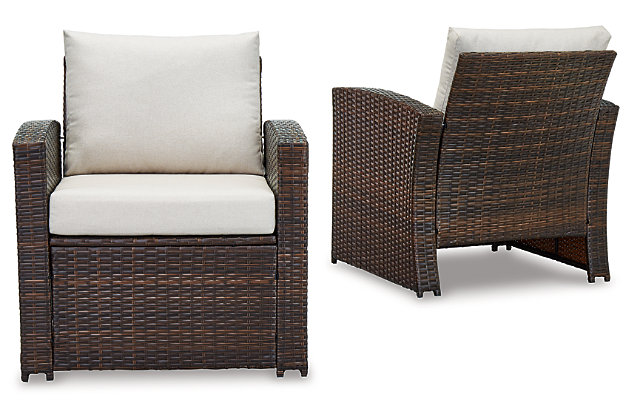 Complete your outdoor oasis with the East Brook set of two lounge chairs with cushions. A dark brown resin that’s wicker woven on a heavy-duty steel frame keeps your patio perfectly stylish, with the added bonus of durability. The neutral-colored cushions blend seamlessly with your other outdoor decor and are made with our high-performance Nuvella® fabric that’s fade-resistant, stain-resistant and a breeze to clean.Set of 2 | Made of solid steel and high-quality resin wicker | Seat and back cushion covered in solution-dyed Nuvella® (polyester) high-performance fabric | All-weather foam cushion core wrapped in soft polyester | Clean fabric with mild soap and water, let air dry; for stubborn stains, use a solution of 1 cup bleach to 1 gallon water | Assembly required | Estimated Assembly Time: 60 Minutes