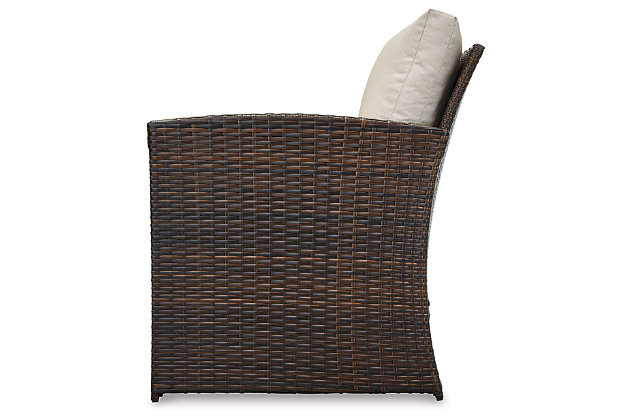 Complete your outdoor oasis with the East Brook set of two lounge chairs with cushions. A dark brown resin that’s wicker woven on a heavy-duty steel frame keeps your patio perfectly stylish, with the added bonus of durability. The neutral-colored cushions blend seamlessly with your other outdoor decor and are made with our high-performance Nuvella® fabric that’s fade-resistant, stain-resistant and a breeze to clean.Set of 2 | Made of solid steel and high-quality resin wicker | Seat and back cushion covered in solution-dyed Nuvella® (polyester) high-performance fabric | All-weather foam cushion core wrapped in soft polyester | Clean fabric with mild soap and water, let air dry; for stubborn stains, use a solution of 1 cup bleach to 1 gallon water | Assembly required | Estimated Assembly Time: 60 Minutes