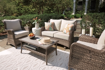 Clear Ridge Outdoor Loveseat and 2 Chairs with Coffee Table | Ashley