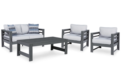 Amora Outdoor Loveseat and 2 Chairs with Coffee Table, Charcoal Gray