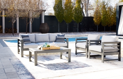 Amora Outdoor Sofa and 2 Chairs with Coffee Table, Charcoal Gray