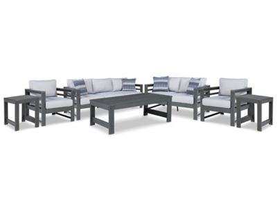 Amora Outdoor Sofa, Loveseat and 2 Lounge Chairs with Coffee Table and 2 End Tables, Charcoal Gray