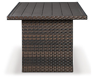 Alfresco living is easy to love with the Easy Isle multi-use table. Its raised height makes it perfect for mealtime, game time, a round of cards or a round of drinks. Resin wicker over a rust-free aluminum frame lends an upscale aesthetic that’s downright durable. Aluminum top is conveniently water and stain resistant.All-weather resin wicker handwoven over rust-free aluminum frame | Powder coated aluminum resists rusting and fading | Aluminum tabletop | Versatile outdoor coffee-dining table, great for game night or entertaining | Lower shelf | Assembly required | Estimated Assembly Time: 30 Minutes