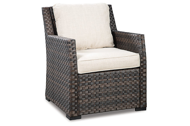 Alfresco living is easy to love with the Easy Isle cushioned lounge chair. Resin wicker over a rust-free aluminum frame lends an upscale aesthetic that’s downright durable. Wrapped in high-performing Nuvella® fabric, the plush, neutral-tone cushions are comfortable and carefree. Clean lines and slim track arms surely appeal to those with contemporary taste.All-weather resin wicker handwoven over rust-free aluminum frame | Powder coated aluminum resists rusting and fading | Zippered cushions covered in high-performing Nuvella® fabric | All-weather foam cushion core wrapped in soft polyester | Clean fabric with mild soap and water, let air dry; for stubborn stains, use a solution of 1 cup bleach to 1 gallon water | Imported fabric and fill | Assembly required | Estimated Assembly Time: 30 Minutes