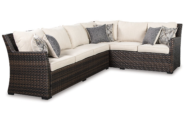 Alfresco living is easy to love with the Easy Isle outdoor furniture set. Resin wicker over a rust-free aluminum frame lends an upscale aesthetic that’s downright durable. Wrapped in high-performing Nuvella® fabric, the plush, neutral-tone cushions and throw pillows are comfortable and carefree. Clean lines and slim track arms surely appeal to those with contemporary taste.Includes 2-piece cushioned sectional and lounge chair | All-weather resin wicker handwoven over rust-free aluminum frame | Powder coated aluminum resists rusting and fading | Zippered cushions covered in high-performing Nuvella® fabric | All-weather foam cushion core wrapped in soft polyester | 6 throw pillows included | Clean fabric with mild soap and water, let air dry; for stubborn stains, use a solution of 1 cup bleach to 1 gallon water | Imported fabric and fill | Assembly required | Estimated Assembly Time: 30 Minutes