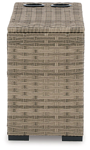 This cool, casual outdoor console will raise the comfort level and visual appeal of your outdoor living space. Made of handwoven wicker in easy-going beige tones, it features a pair of drink holders to accommodate you and a guest or allow you to have a backup beverage handy as you enjoy solitude on your lanai or pool and patio area. The Calworth console can be used on its own or paired with other pieces of the matching sectional to create a space that holds up to Mother Nature and ages gracefully for years of enjoyment.All-weather resin wicker handwoven over rust-free aluminum frame with durable powder coated finish | Powder coated aluminum resists rusting and fading | 2 plastic drink holders | Can be sold individually or with other pieces in the sectional | Stainless steel hardware | Assembly required | Estimated Assembly Time: 15 Minutes