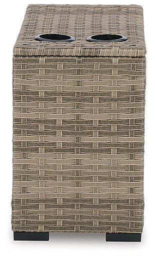 This cool, casual outdoor console will raise the comfort level and visual appeal of your outdoor living space. Made of handwoven wicker in easy-going beige tones, it features a pair of drink holders to accommodate you and a guest or allow you to have a backup beverage handy as you enjoy solitude on your lanai or pool and patio area. The Calworth console can be used on its own or paired with other pieces of the matching sectional to create a space that holds up to Mother Nature and ages gracefully for years of enjoyment.All-weather resin wicker handwoven over rust-free aluminum frame with durable powder coated finish | Powder coated aluminum resists rusting and fading | 2 plastic drink holders | Can be sold individually or with other pieces in the sectional | Stainless steel hardware | Assembly required | Estimated Assembly Time: 15 Minutes
