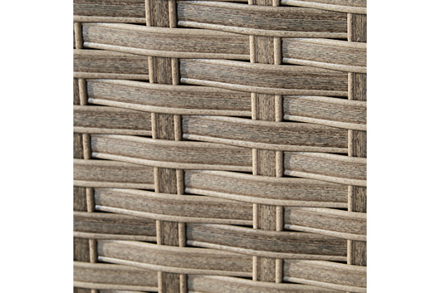 The cool, casual Calworth outdoor sectional will raise the comfort level and visual appeal of your outdoor living space. Made with handwoven wicker in easy-going beige tones, the curved loveseat and ottoman blend beautifully into your lanai or pool and patio area. Thick, comfy cushions are wrapped in Nuvella high-performance beige fabric that is stain-resistant, fade-resistant, and easy to clean. A console with cup holders allows you to have a backup beverage handy. Throw pillows are included for added comfort and a splash of color. This sectional creates a space that holds up to Mother Nature and ages gracefully for years of enjoyment.Includes 2 curved loveseats, ottoman and console | All-weather resin wicker handwoven over rust-free aluminum frame with durable powder coated finish; powder coated aluminum resists rusting and fading | Nuvella (solution-dyed polyester) high-performance beige fabric | Stainless steel hardware | Designed to withstand the harsh elements of the outdoors | Loveseat with loose, reversible cushions; firmly cushioned ottoman | All-weather foam cushion core wrapped in soft polyester | Clean fabric with mild soap and water, let air dry; for stubborn stains, use a solution of 1 cup bleach to 1 gallon water | Console with 2 cup holders | Throw pillows included | Imported fabric and fill | Assembly required | Estimated Assembly Time: 100 Minutes