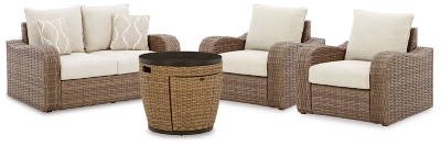 Malayah Outdoor Loveseat and 2 Lounge Chairs with Fire Pit Table, Brown