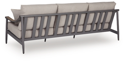 Back view of gray outdoor sofa with slatted back and metal frame