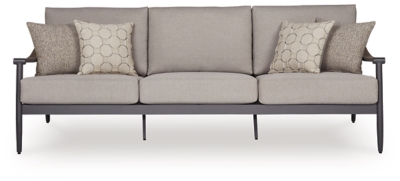 Gray outdoor sofa with cushions, armrests and metal frame