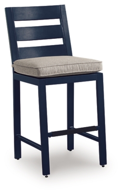 Navy blue bar stool with gray cushion