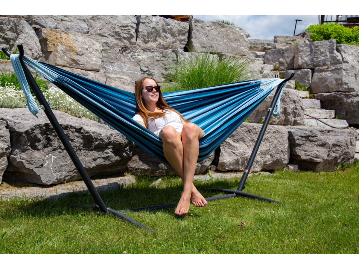 Outdoor Double Cotton Hammock Blue Lagoon with 9 ft. Stand Ashley