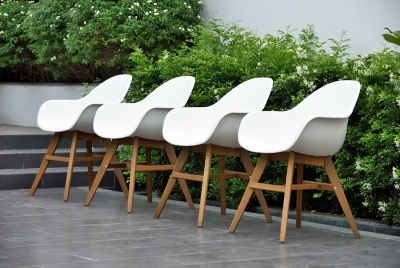 White bucket chairs with best sale wooden legs