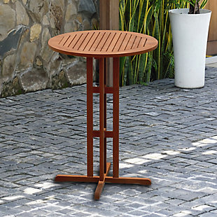 Raise the bar on al fresco living with this outdoor round bar table. Sturdy frame is crafted of solid eucalyptus sourced from fully managed forests, certified by the Forest Stewardship Council (FSC). Slatted top adds a splash of character and sheds rainwater. What an outstanding choice in outdoor living.Made of solid eucalyptus wood | Grown in 100% well-managed forests | Certified by the FSC (Forest Stewardship Council) | Durable, all-weather design | High-quality galvanized steel hardware | For indoor/outdoor use