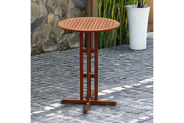 Raise the bar on al fresco living with this outdoor round bar table. Sturdy frame is crafted of solid eucalyptus sourced from fully managed forests, certified by the Forest Stewardship Council (FSC). Slatted top adds a splash of character and sheds rainwater. What an outstanding choice in outdoor living.Made of solid eucalyptus wood | Grown in 100% well-managed forests | Certified by the FSC (Forest Stewardship Council) | Durable, all-weather design | High-quality galvanized steel hardware | For indoor/outdoor use