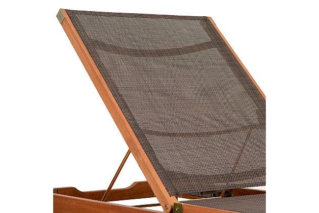 When it’s time to recline, this eucalyptus lounger is sure to please. Sustainably sourced and certified by the Forest Stewardship Council, eucalyptus is naturally UV and weather resistant for years of enjoyment in any climate. Lightweight and durable, the Weathernet® mesh cover makes cleanup virtually nonexistent, perfectly suited to your "maintenance-free" lifestyle.Made of solid eucalyptus wood | Grown in well-managed Vietnamese forests | Certified by the FSC (Forest Stewardship Council) | Brown finish | Seat and back made of gray Weathernet® mesh | Durable, all-weather design | High-quality galvanized steel hardware | For indoor/outdoor use | Over time eucalyptus adopts a weathered hue; regular application of teak oil helps preserve original tone | Some assembly required