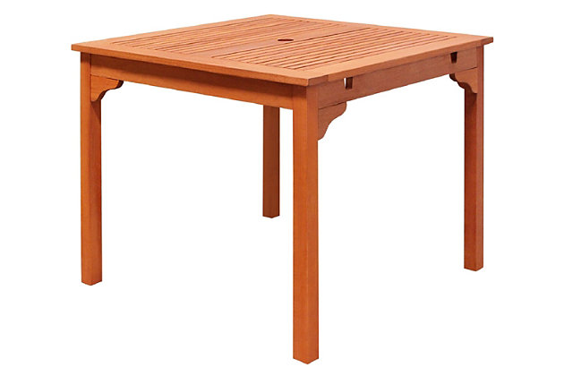 Blending traditional and modern elements, the Malibu stacking table makes a perfect addition to your outdoor space. Made from 100% eucalyptus—a very durable hardwood—this table can stand up to all kinds of changes in the weather. The core of the eucalyptus is very dense. It quickly repels water and its natural oil combats and repels wood eating insects. Features an umbrella hole to keep you made in the shade.Made of eucalyptus | Natural wood finish | Square slatted tabletop | Holds up to 200 pounds | Apply oil to maintain color | Assembly required
