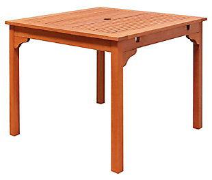 Blending traditional and modern elements, the Malibu stacking table makes a perfect addition to your outdoor space. Made from 100% eucalyptus—a very durable hardwood—this table can stand up to all kinds of changes in the weather. The core of the eucalyptus is very dense. It quickly repels water and its natural oil combats and repels wood eating insects. Features an umbrella hole to keep you made in the shade.Made of eucalyptus | Natural wood finish | Square slatted tabletop | Holds up to 200 pounds | Apply oil to maintain color | Assembly required