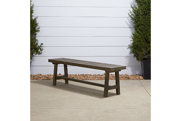 Bring friends and family together with the Renaissance outdoor dining bench. Quality crafted from 100% acacia hardwood, it’s made to stand up to weather conditions and resist decay. Clean-lined profile and hand-scraped gray finish bring an easy-elegant look to any patio or garden. Includes slatted seat to shed rainwater.Made of acacia wood | Gray, hand-scraped finish | Slatted seat | Cushions/pillows not included | Resistant to mold, mildew, fungi, termites rot and decay | Indoor/outdoor use | Easy assembly