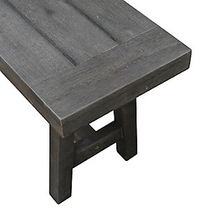Bring friends and family together with the Renaissance outdoor dining bench. Quality crafted from 100% acacia hardwood, it’s made to stand up to weather conditions and resist decay. Clean-lined profile and hand-scraped gray finish bring an easy-elegant look to any patio or garden. Includes slatted seat to shed rainwater.Made of acacia wood | Gray, hand-scraped finish | Slatted seat | Cushions/pillows not included | Resistant to mold, mildew, fungi, termites rot and decay | Indoor/outdoor use | Easy assembly