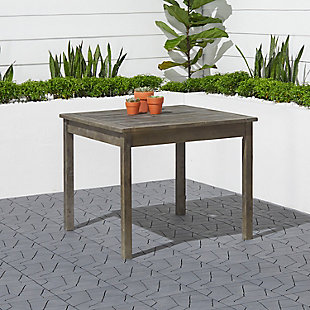 Bring friends and family together with the Renaissance outdoor dining table. Quality crafted from 100% acacia hardwood, it’s made to stand up to weather conditions and resist decay. Clean-lined profile and hand-scraped gray finish bring an easy-elegant look to any patio or garden. Includes slatted top to shed rainwater and umbrella hole.Made of acacia wood | Gray/hand-scraped/weathered finish | Slatted top | Umbrella hole | Resistant to mold, mildew, fungi, termites rot and decay | Easy assembly